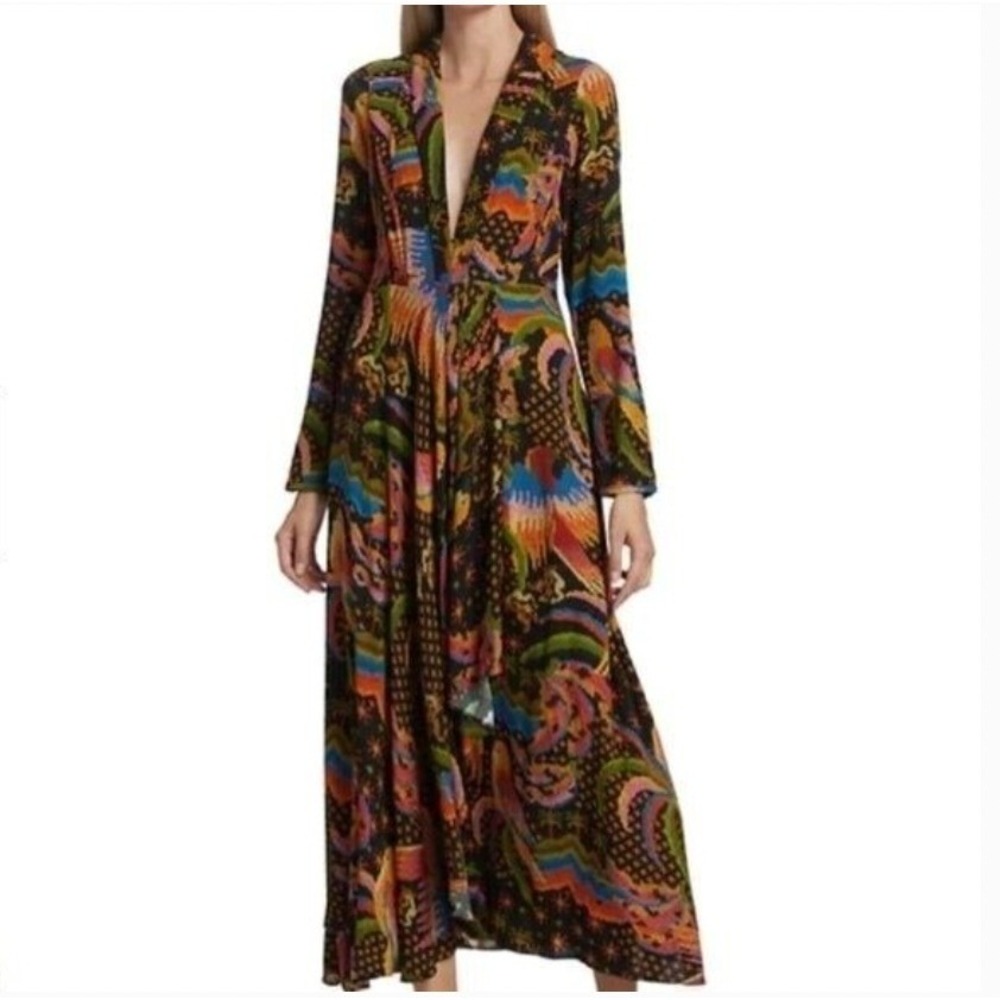 Farm Rio Black Tropical Macaw Island Maxi Dress V-Neck Long Sleeve Ruffle Size M
